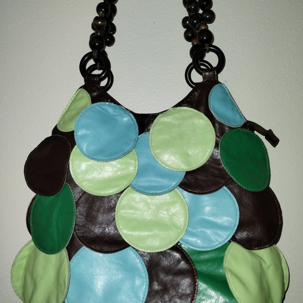 Purse Boho Sixties Seventies Beads Green Turquoise Brown Wooden Beads